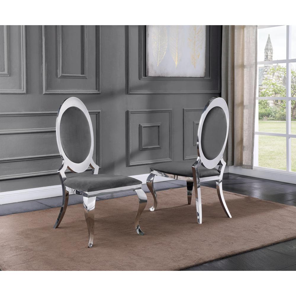 White Marble 7pc Set Stainless Steel Chairs in Dark Grey Velvet. Picture 2