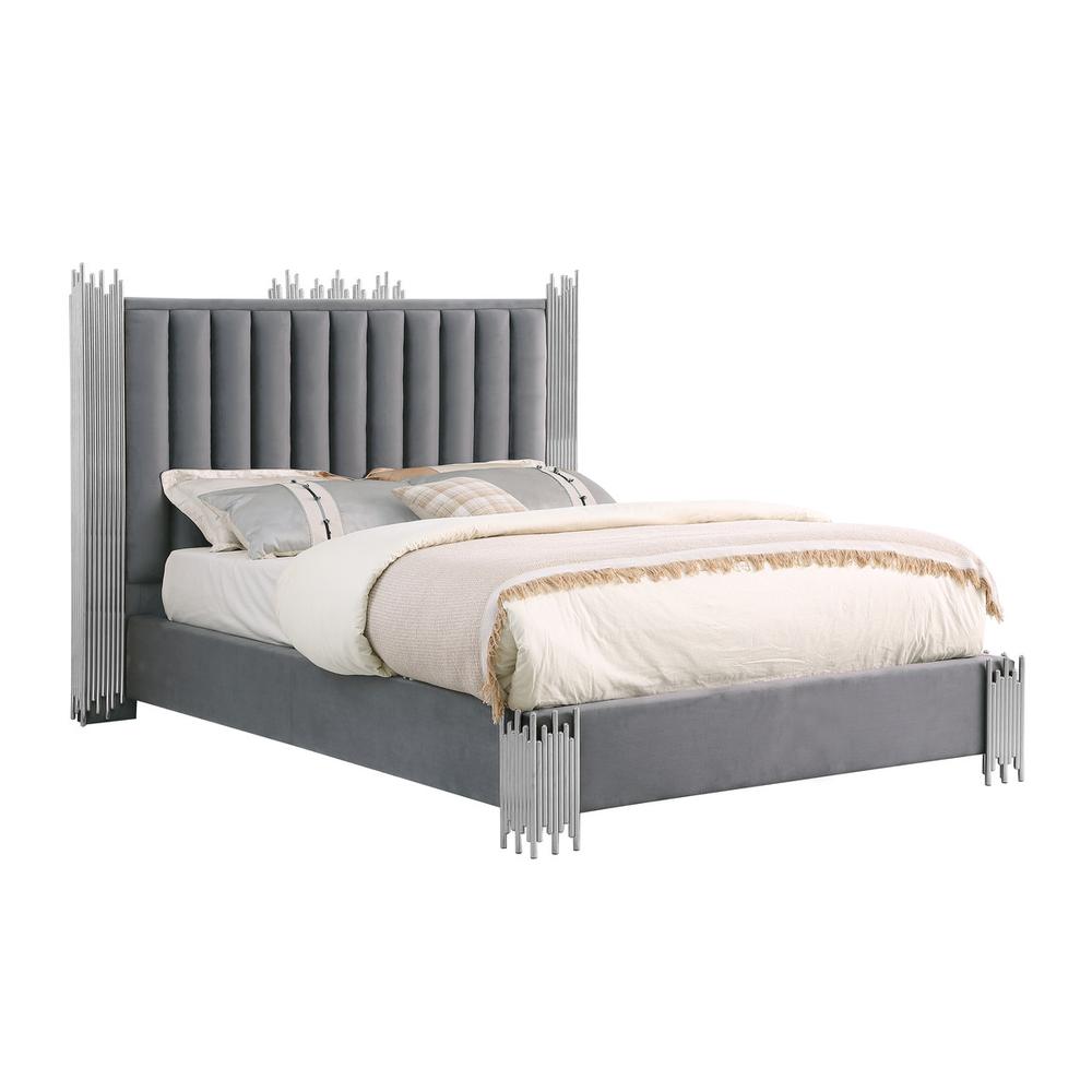 Eastern King size Dark grey velvet bed with silver corners (Platform). Picture 1