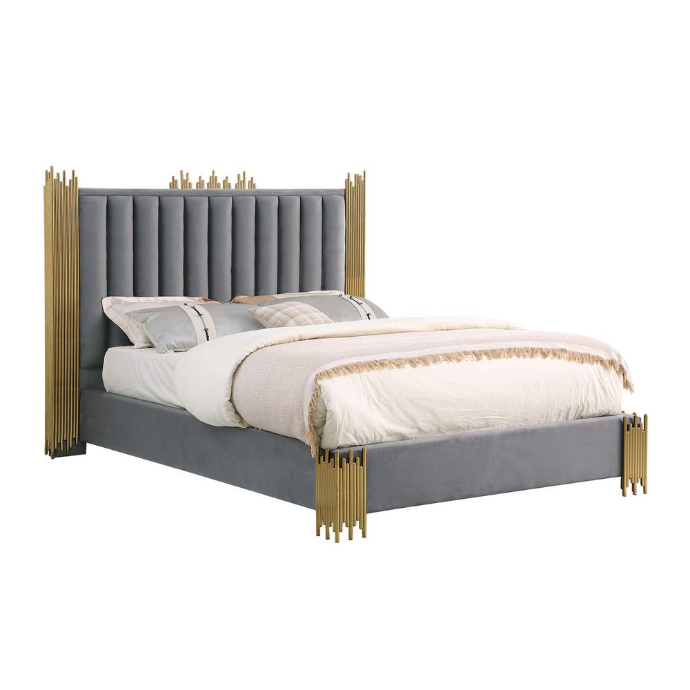 Eastern King size Dark grey velvet bed with gold corners (Platform). Picture 1