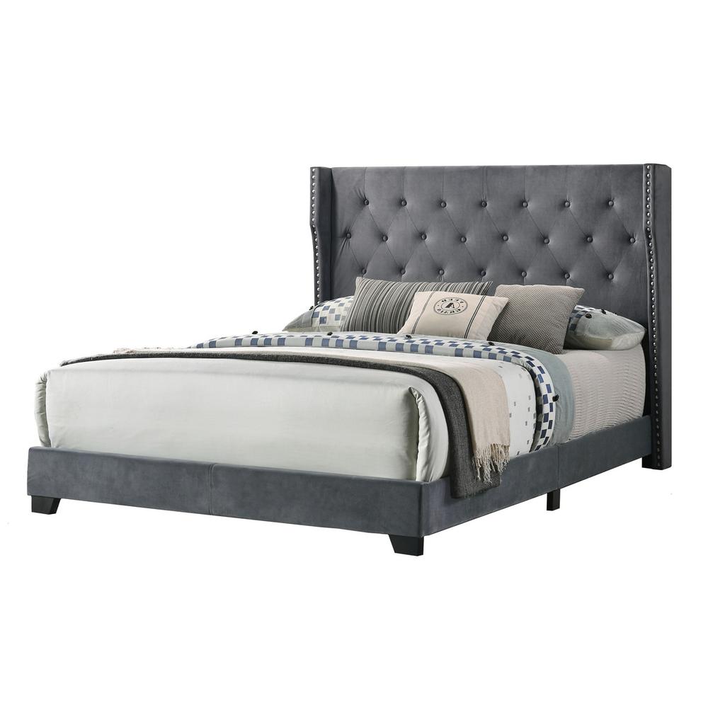 Dark Grey Velvet Uph. Panel Bed Tufted Buttons Side Studs, Eastern King. Picture 1