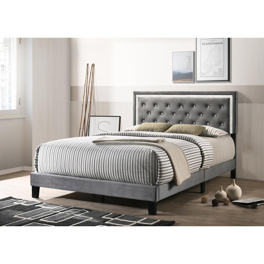Dark Grey Velvet Uph. Panel Bed with Accents - Queen. Picture 1