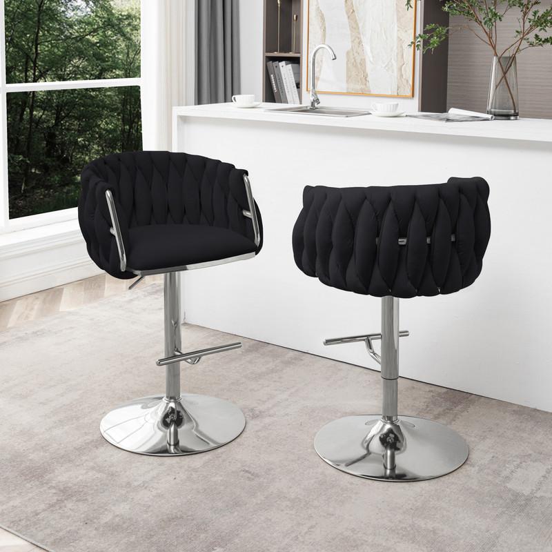 Velvet Upholstered barstool in Black fabric with a gold color base (SET OF 2). Picture 3