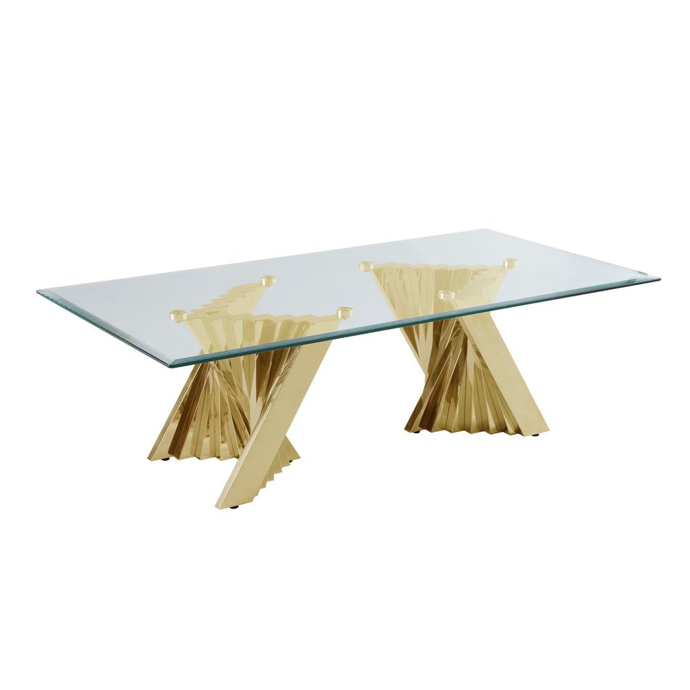 Glass Coffee Table Sets: Coffee Table and 2 End Tables with Stainless Steel Gold Base. Picture 2