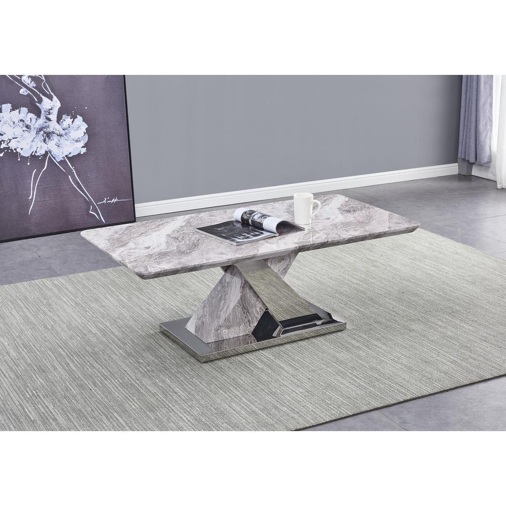 White Faux Marble Coffee Table Set: Coffee Table, 2 End Tables, Console Table w/Stainless Steel X-Base. Picture 2