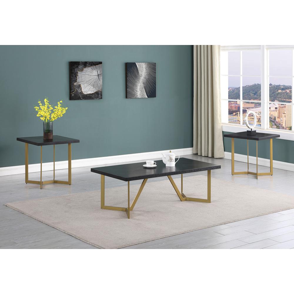 3pc Black wood top coffee table set w/gold color iron base (1Coffee+2end table). Picture 4