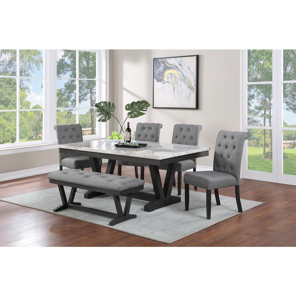 6 pc Dining set Faux Marble Wrap Table set with Beige Linen Chairs and one bench. Picture 2