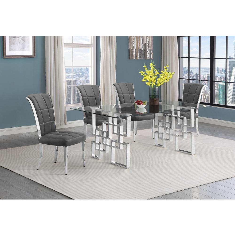 5-piece glam dining set with 4 dark grey chairs and a 79" long glass  table. Picture 4