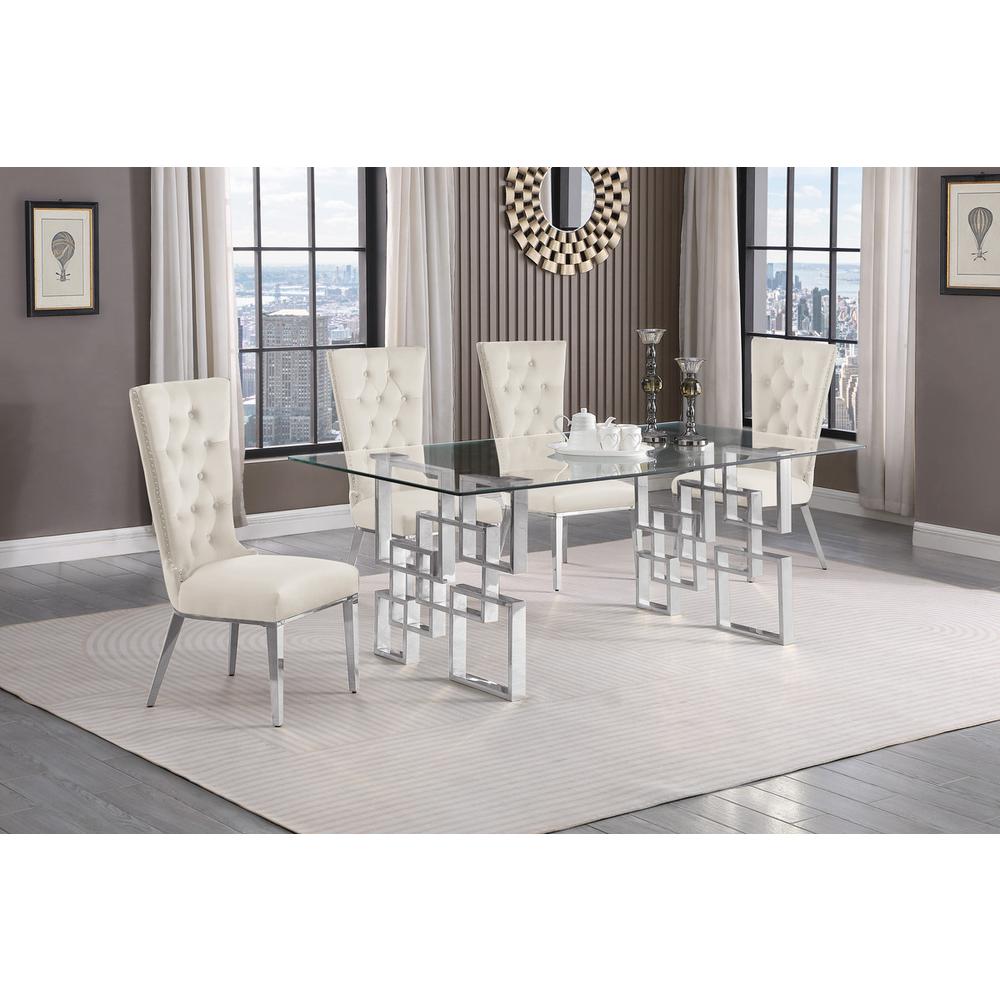 5-piece glam dining set with 4 cream chairs and a 79" long glass  table. Picture 4