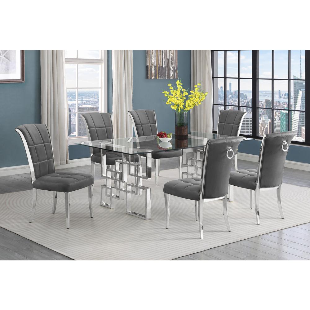 7-piece glam dining set with 6 dark grey chairs and a 79" long glass  table. Picture 4
