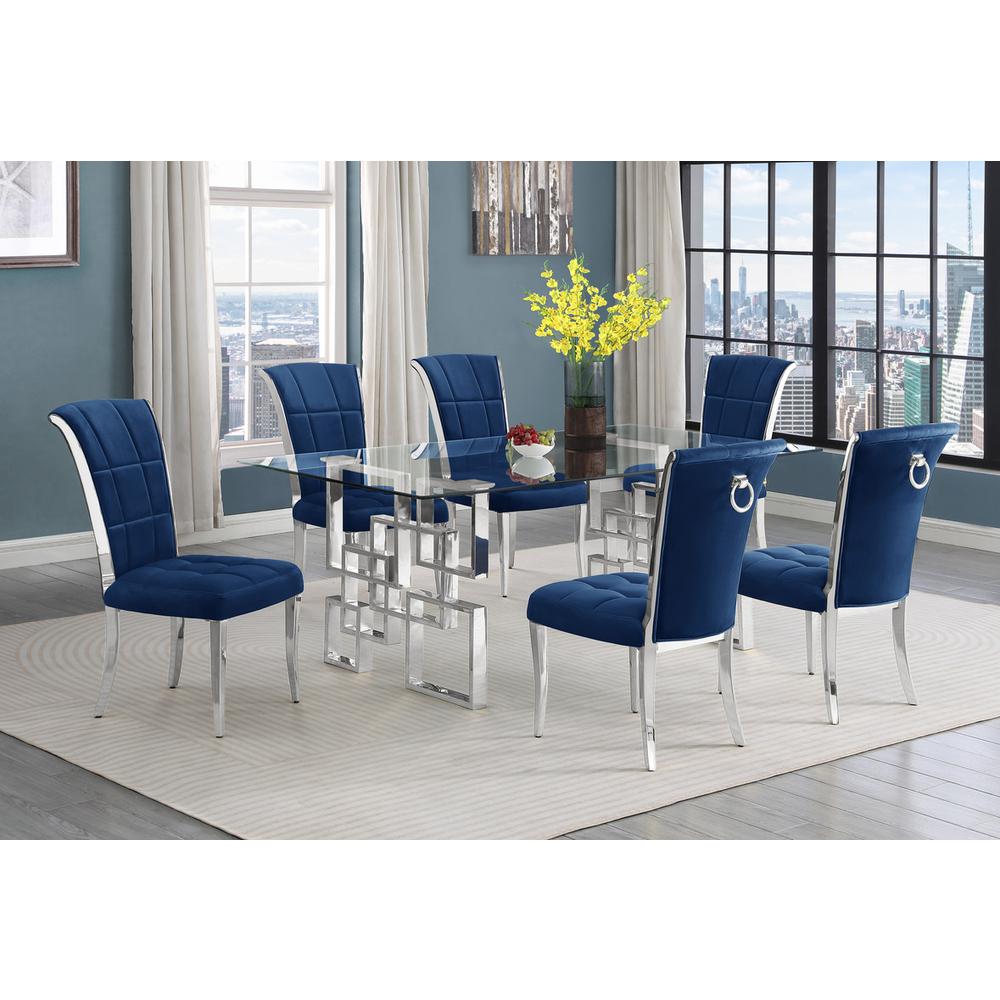 7-piece glam dining set with 6 navy blur chairs and a 79" long glass  table. Picture 4