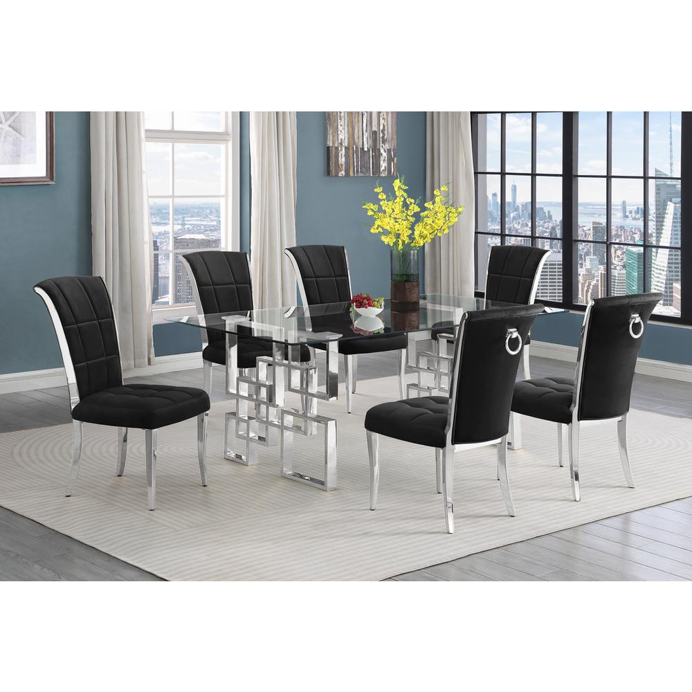 7-piece glam dining set with 6 black chairs and a 79" long glass  table. Picture 4
