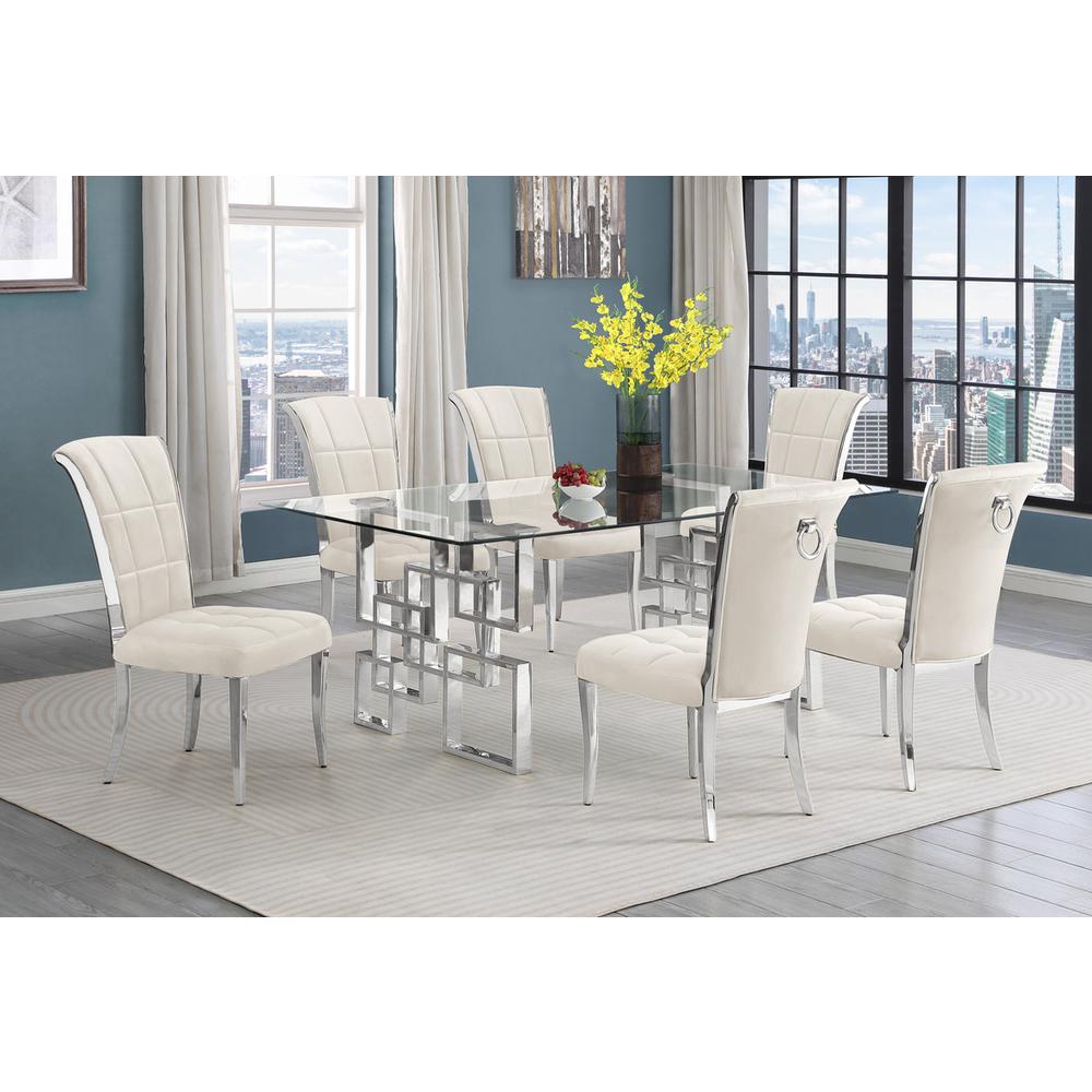 7-piece glam dining set with 6 cream chairs and a 79" long glass dinng table. Picture 4
