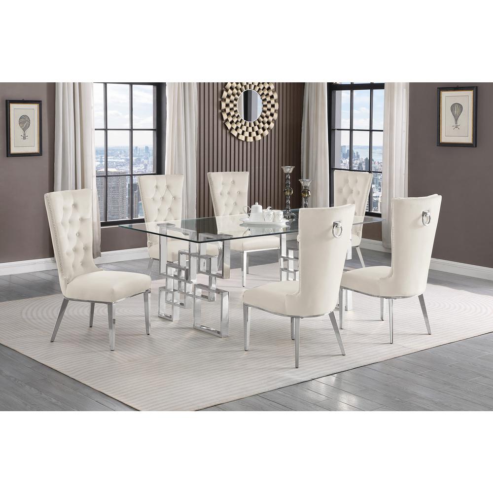 7-piece glam dining set with 6 cream chairs and a 79" long glass dinng table. Picture 4