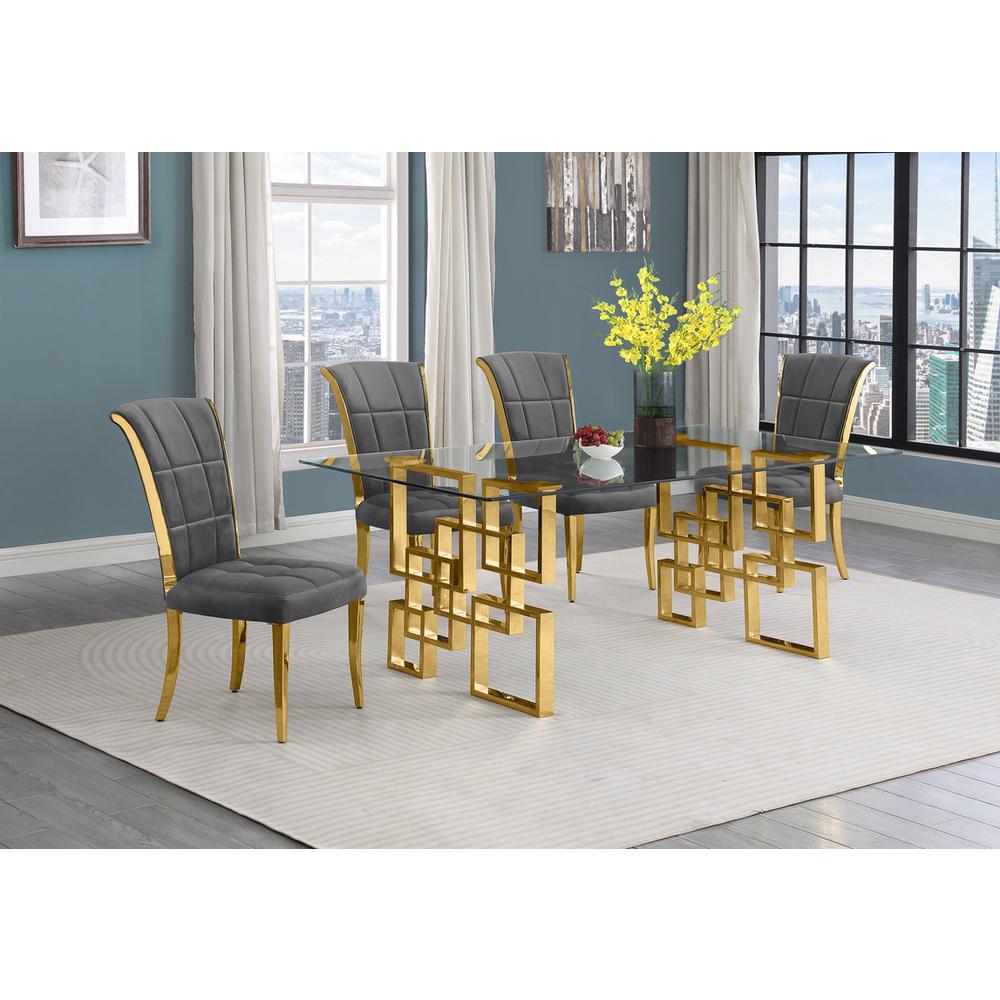5-piece glam dining set with 4 dark grey chairs and a 79" long glass  table. Picture 4
