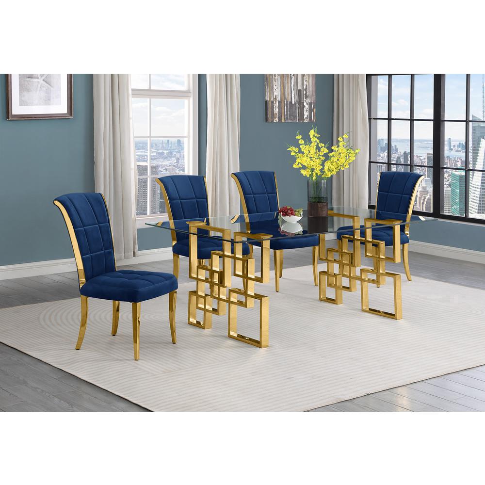 5-piece glam dining set with 4 navy blue chairs and a 79" long glass  table. Picture 4
