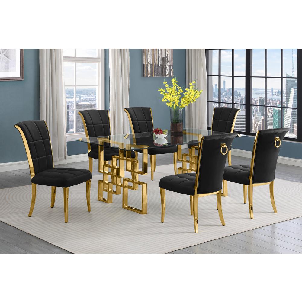 7-piece glam dining set with 6 black chairs and a 79" long glass  table. Picture 4