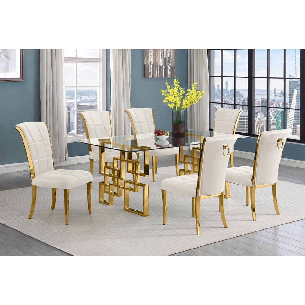 7-piece glam dining set with 6 cream chairs and a 79" long glass  table. Picture 4