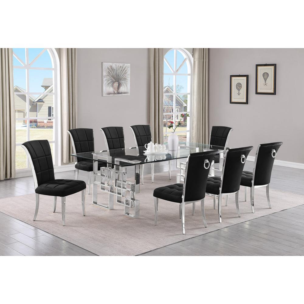 9-piece glam dining set with 8 black chairs and l 95" long glass  table. Picture 4
