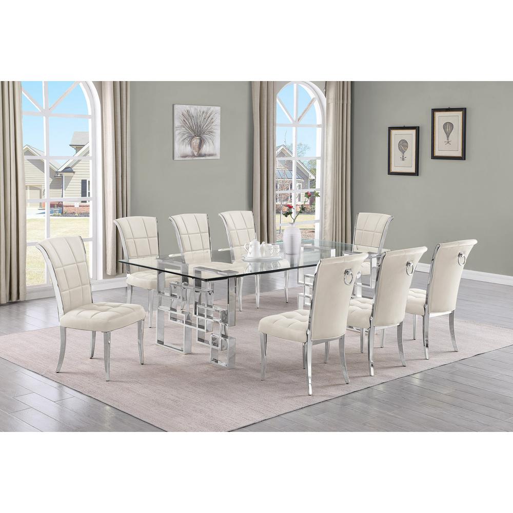 9-piece glam dining set with 8 cream chairs and r 95" long glass  table. Picture 4