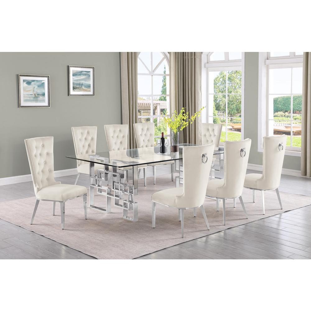 9-piece glam dining set with 8 cream chairs and a 95" long glass  table. Picture 4