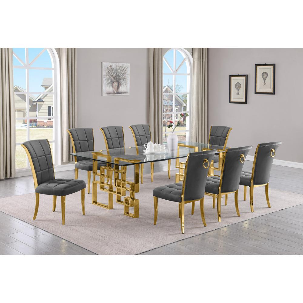 9-piece glam dining set with 8 dark grey chairs and a 95" long glass  table. Picture 4