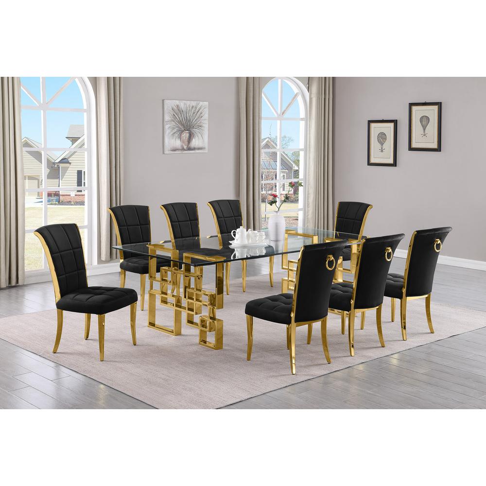 9-piece glam dining set with 8 black chairs and a 95" long glass  table. Picture 4