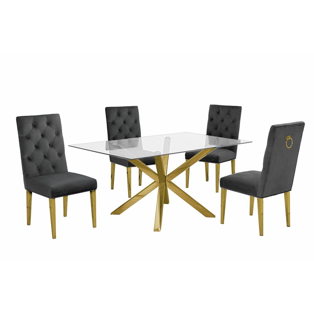 Contemporary 5pc Dining Set, Glass Dining Table w/Stainless Steel Gold Base & Velvet Tufted Chrome Leg Dining Chairs, Dark Grey. Picture 1