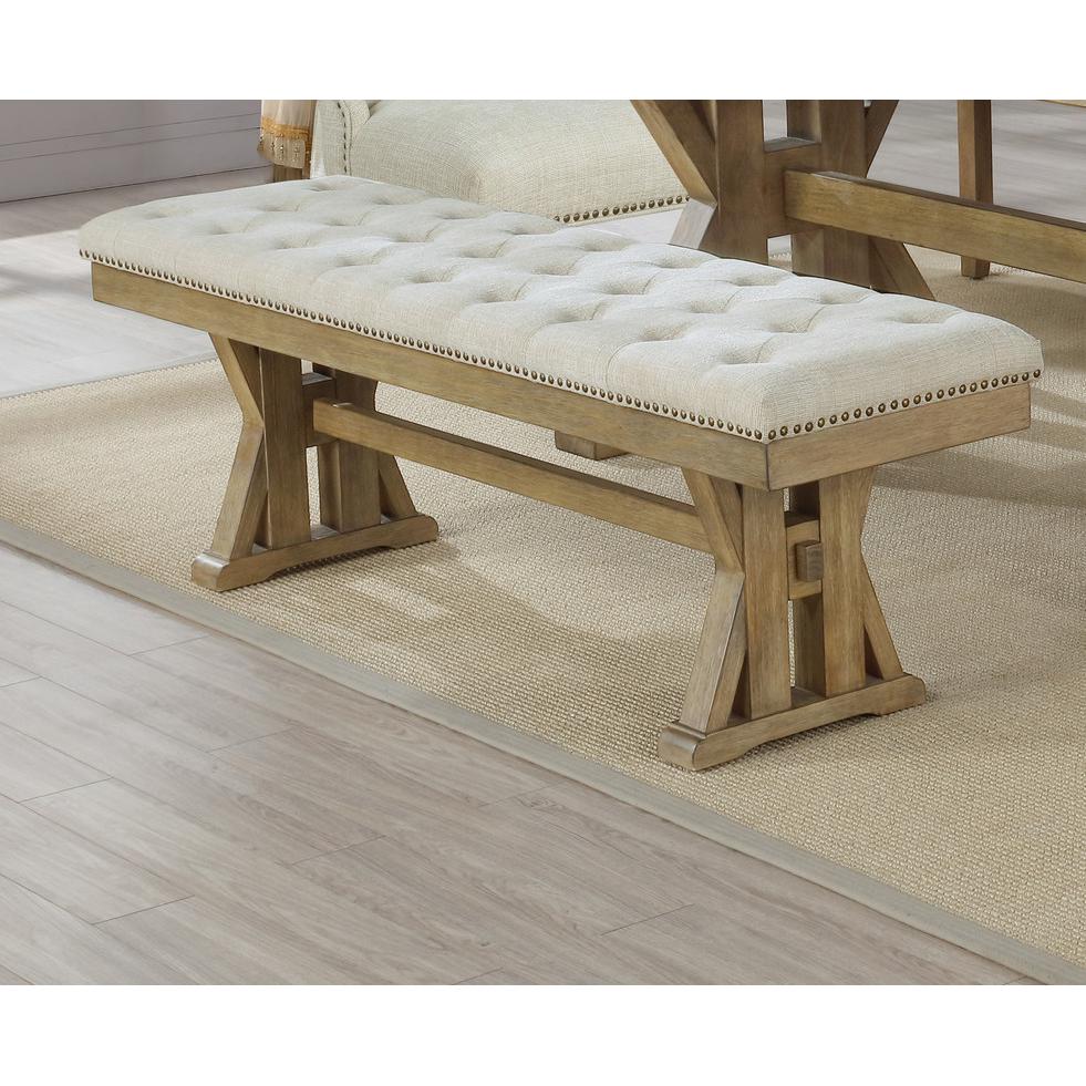 Cushioned dining bench in beige linen fabric. Picture 2