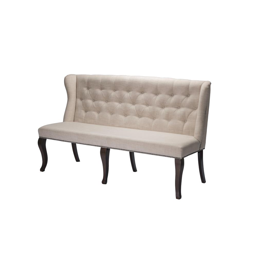 Classic Upholstered Bench in Linen Fabric w/Tufted Style Back & Nailhead Trim, Beige. Picture 1