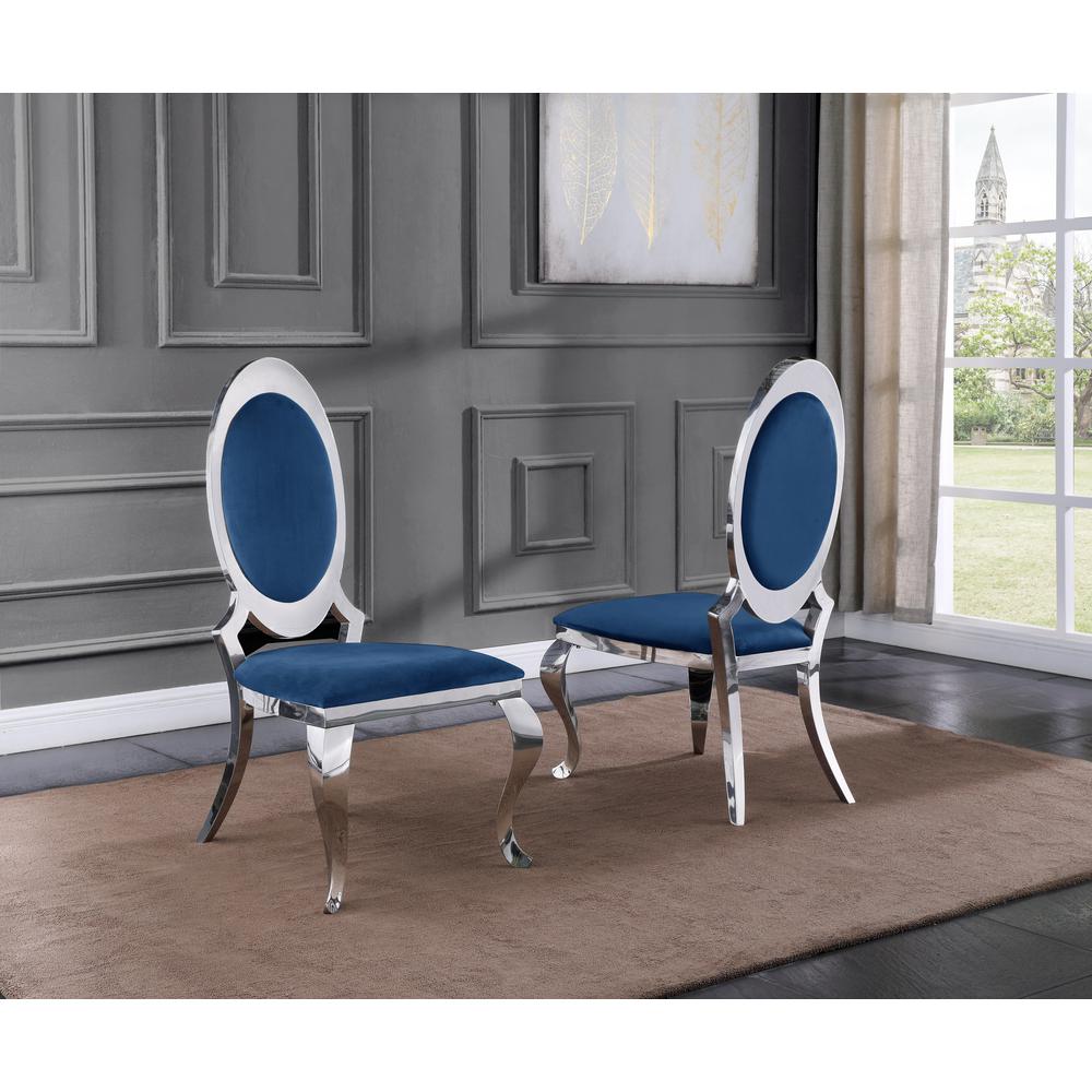 White Marble 7pc Set Stainless Steel Chairs in Navy Blue Velvet. Picture 2