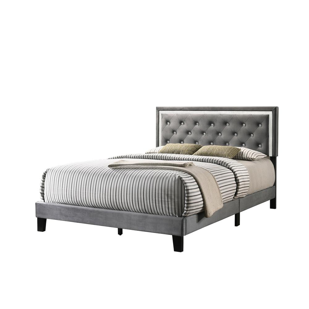 Dark Grey Velvet Uph. Panel Bed with Accents - Queen. Picture 2