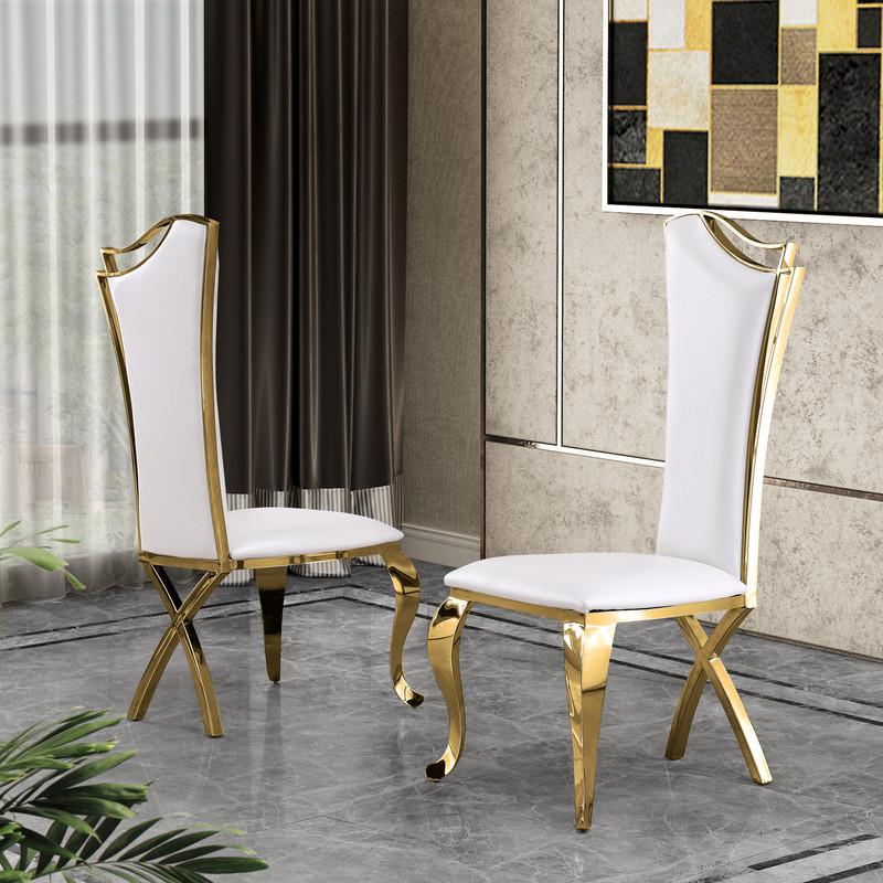 Contemporary 5pc Dining Set, Glass Dining Table w/Stainless Steel Gold Base & Faux Leather Stainless Steel Dining Chairs, White. Picture 3