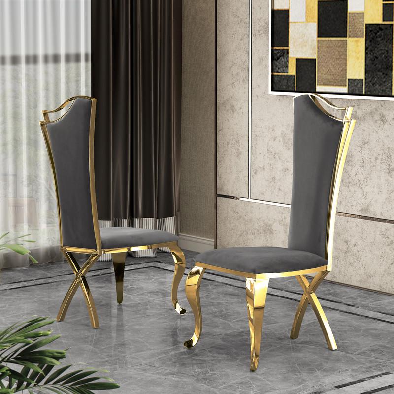 Contemporary Glass 5pc Dining Set, Glass Top Dining Table and Velvet Side Chairs with Gold Stainless Steel Frame, Dark Grey. Picture 3