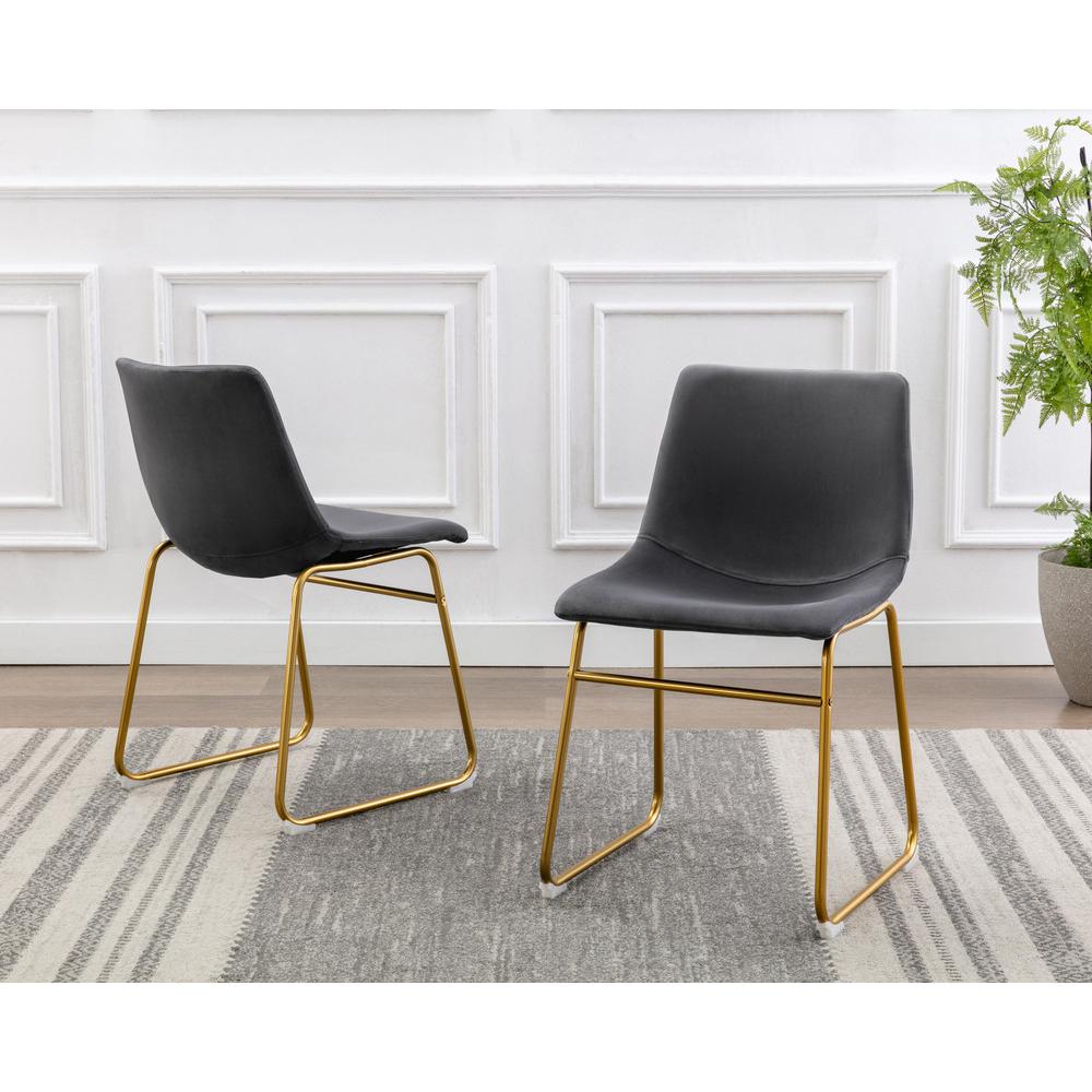 Dark Grey Velvet Dining Side Chair Bucket Seat in Chrome Gold Base (Set of 2). Picture 2