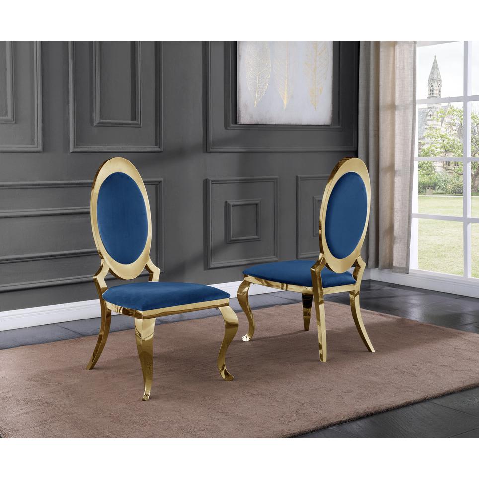 Classic 7pc Dining Set w/Uph Side Chair, Glass Table w/ Gold Spiral Base, Navy Blue. Picture 3