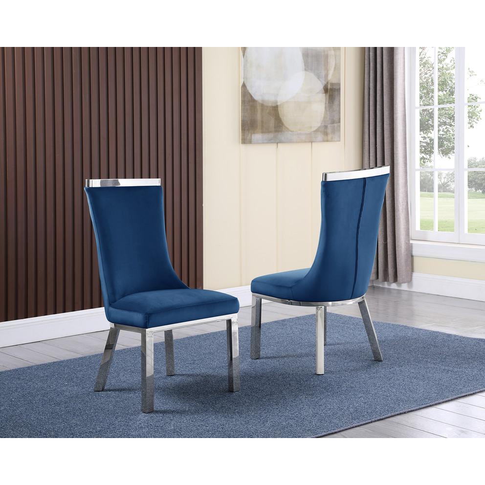 5pc dining set- Rectangle Marble table with a U shape base and 4 side chairs in Navy Blue Velvet. Picture 2