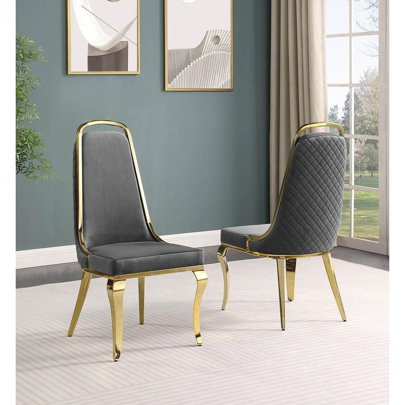 5pc Small(68") marble top dining set with gold base and 4 Dark grey side chairs. Picture 4