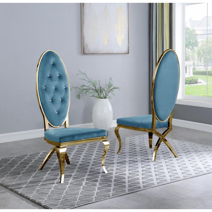 Classic 5 Piece Dining Set With Glass Table Top and Stainless Steel Legs w/ Tufted Faux Crystal, Teal. Picture 3