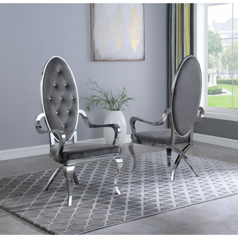 Classic 7pc Dining Set w/Uph Tuftd Side/Arm Chair, Glass Table w/ Silver Spiral Base, Dark Grey. Picture 3