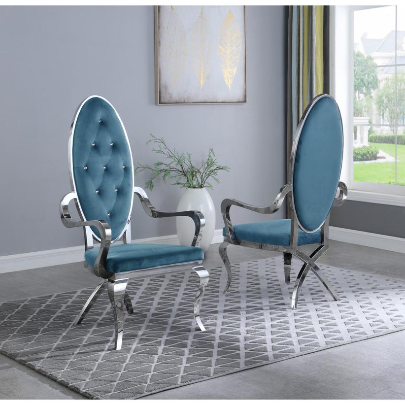 Classic 9pc Dining Set w/Uph Tufted Side/Arm Chair, Glass Table w/ Silver Spiral Base, Teal. Picture 4