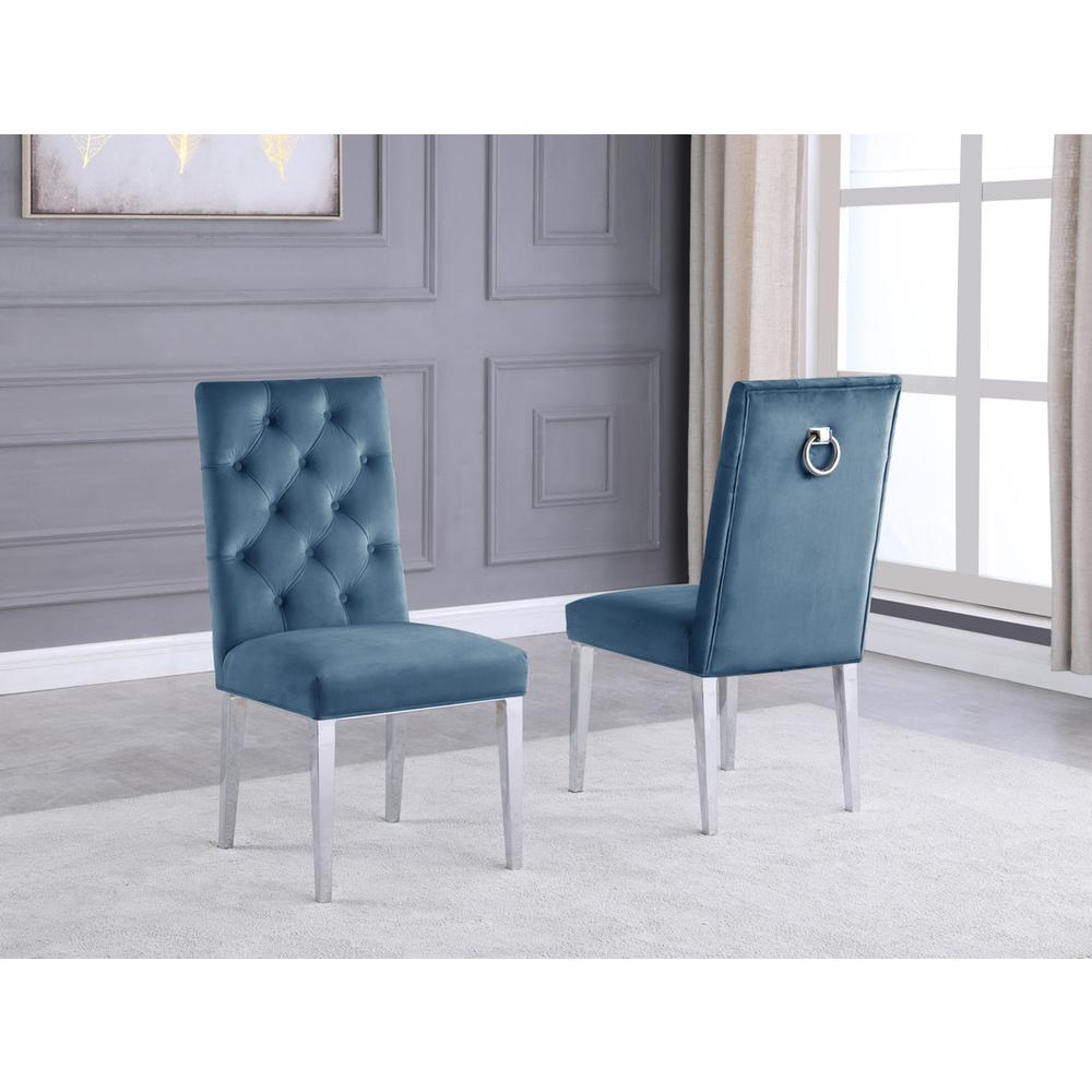 Teal Velvet Tufted Dining Side Chairs, Chrome - Set of 2. Picture 2
