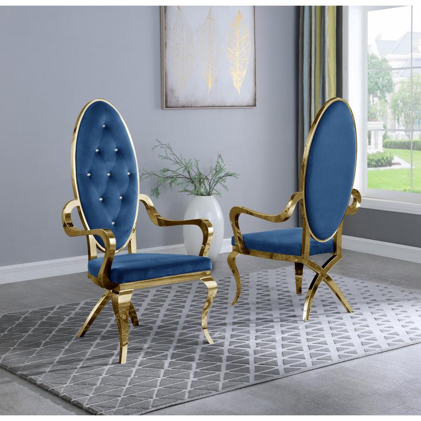 Classic 9pc Dining Set w/Uph Tufted Side/Arm Chair, Glass Table w/ Gold Spiral Base, Navy Blue. Picture 4