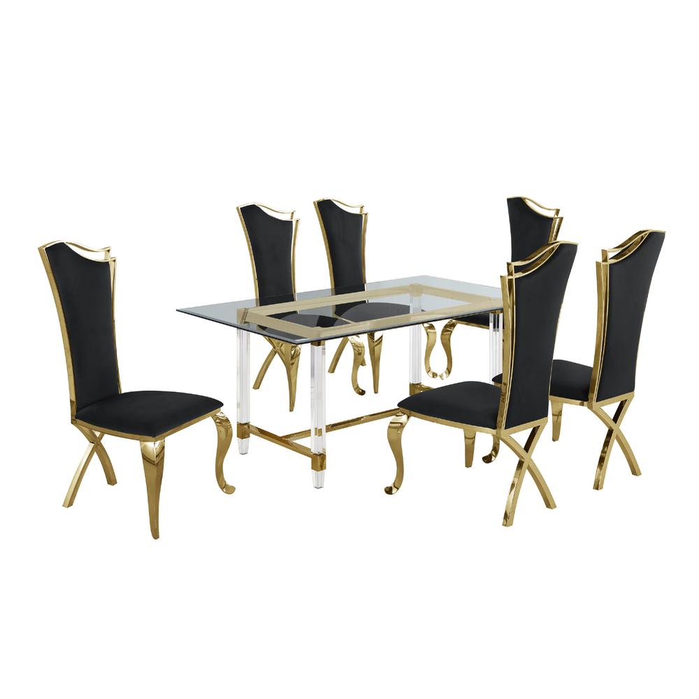 Acrylic Glass 7pc Gold Set Stainless Steel Highback Chairs in Black Velvet. Picture 2