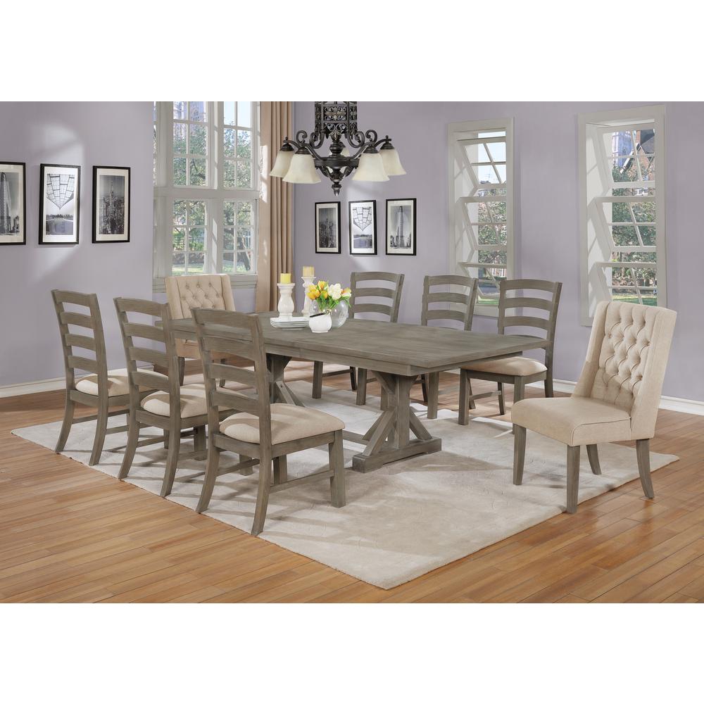 Classic Extension Dining 9 Piece Set w/18"Center Leaf, 8 Chairs in Beige Linen. Picture 1