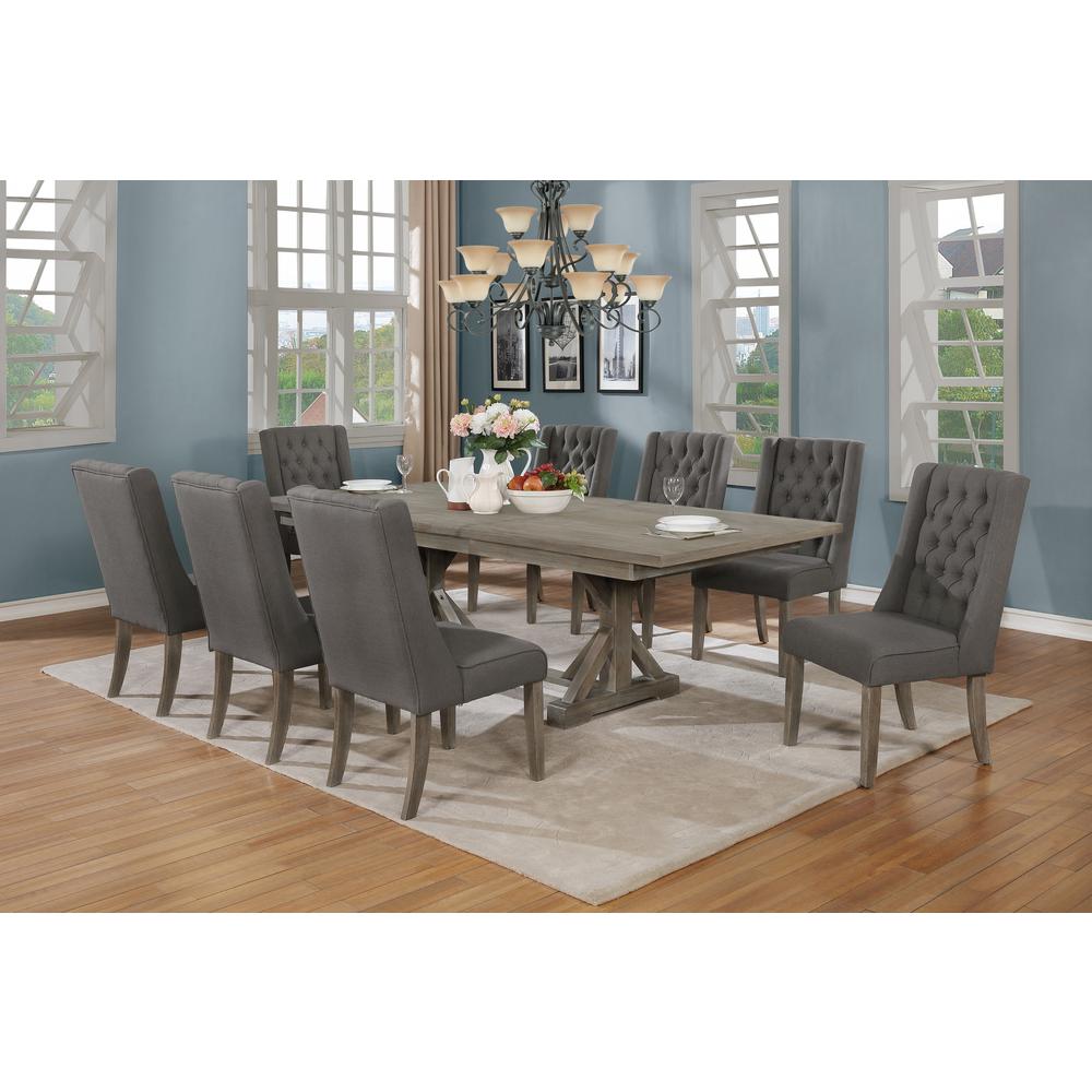 Classic Extension Dining 9 Piece Set w/18"Center Leaf, 8 Tufted Chairs in Dark Grey Linen. Picture 1
