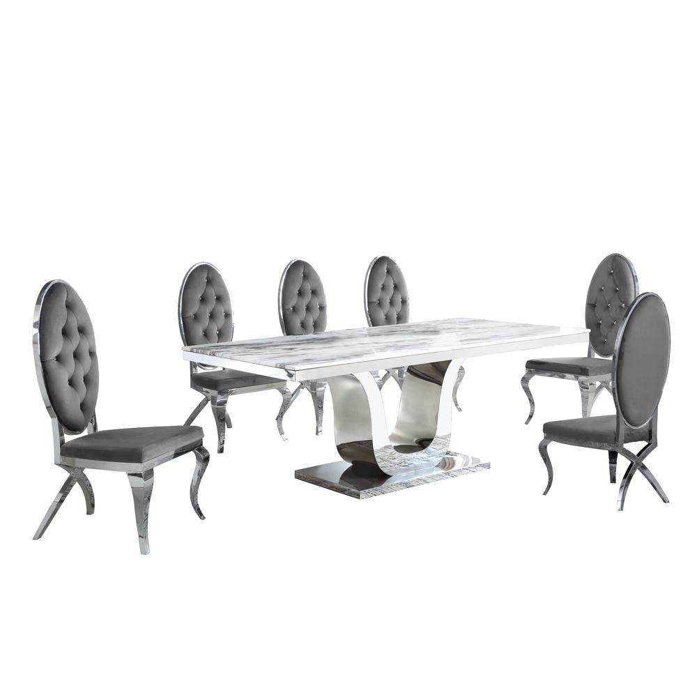 White Marble 7pc Set Tufted Faux Crystal Chairs in Dark Grey Velvet. Picture 1