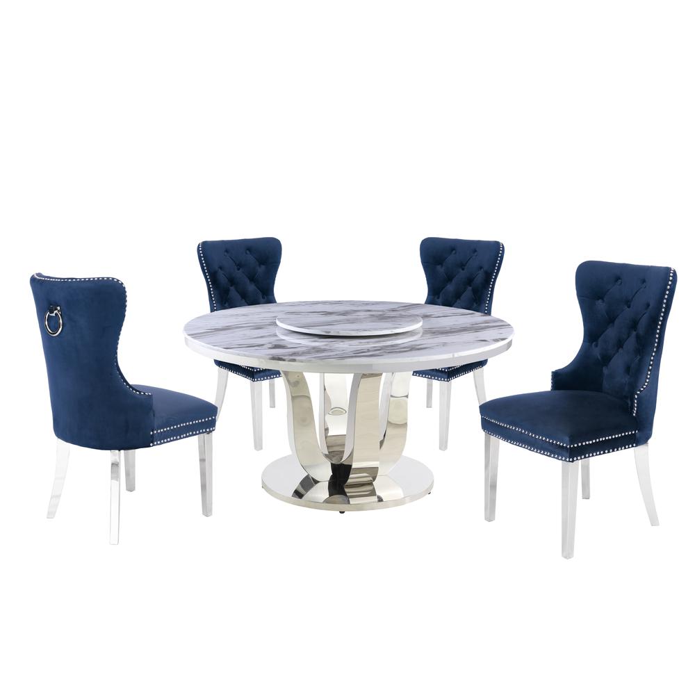 White Marble Round 5 piece Dining Set Ring Chairs in Navy Blue Velvet - Lazy Susan. Picture 1
