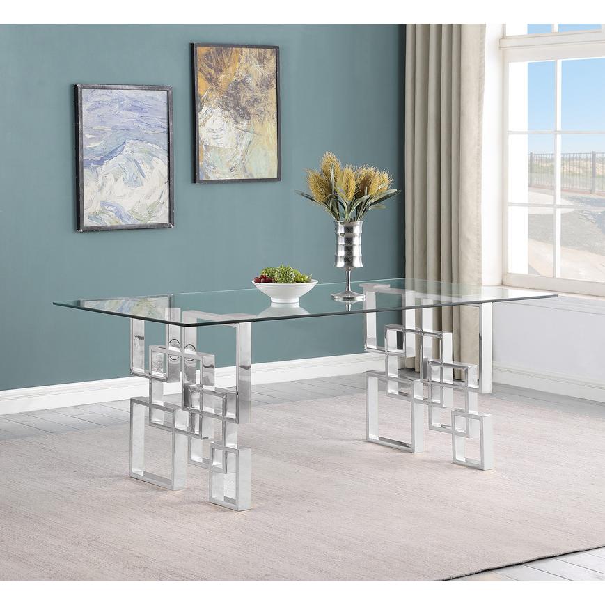 7-piece glam dining set with 6 black chairs and a 79" long glass  table. Picture 3