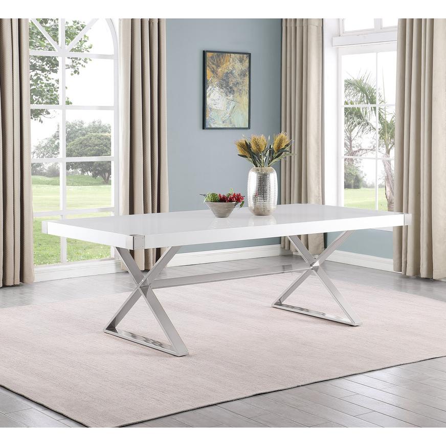 7pc Large(94") white wood top dining set with silver base and 6 hairs. Picture 2