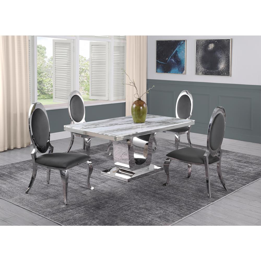 White Marble 5pc Set Stainless Steel Chairs in Dark Grey Velvet. Picture 1